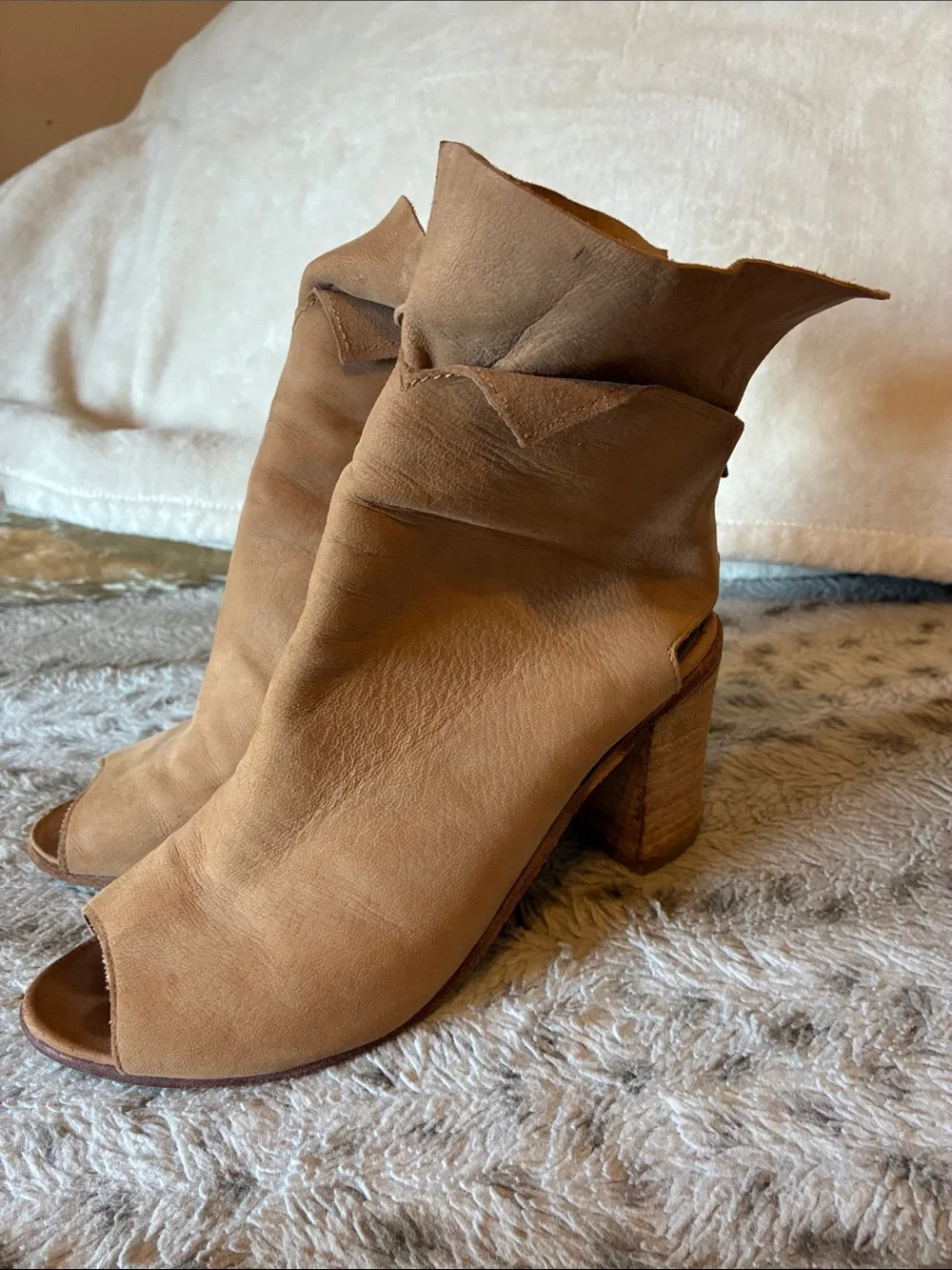 Free People Tan Suede Peep-Toe Stacked Heel Booties- Size 38